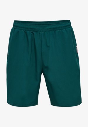 Shorts de sport verts avec une taille élastique, texture lisse et bandes latérales discrètes. Présente une étiquette sur la couture latérale.