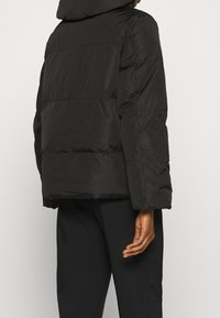 Svart puffjacka med huva, med en quiltad design, breda ärmar och en lätt lyster. Baksidan visar horisontella sömdetaljer.