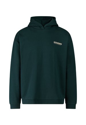 Donkergroene hoodie met lange mouwen en klein "Protest Sportswear"-logo op de linkerborst, weergegeven op een witte achtergrond.