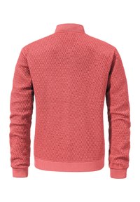 Strukturierter, korallenfarbener Pullover mit hohem Kragen, langen Ärmeln und gerippten Bündchen. Verfügt über ein 3D-Strickmuster auf dem Rücken für zusätzliche Details.