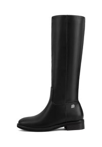 Stivali neri fino al ginocchio realizzati in pelle liscia, con punta rotonda, tacco basso a blocco e un sottile logo in rilievo sul lato.