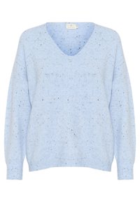 Jasnoniebieski sweter na drutach z dekoltem w serek, długimi rękawami i wzorem w cętki. Charakteryzuje się luźnym krojem oraz ściągaczami na rękawach i dole.