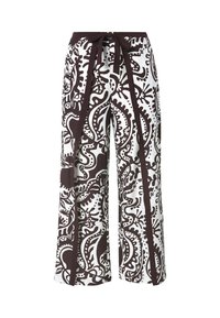 Wijdlopende broek met een gedurfd zwart-wit abstract patroon. Gemaakt van een lichte stof met een striktaille en zijaccenten.