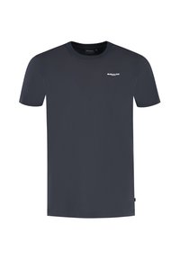 Donkergrijze t-shirt met korte mouwen van katoen. Heeft een ronde halslijn en een klein wit logo op de borst. Gladde stoftextuur.