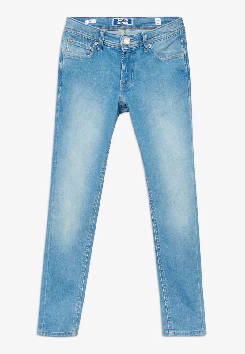 Jean en denim bleu clair avec une coupe droite, présentant des poches avant, une fermeture éclair et une étiquette de marque au niveau de la taille.
