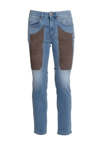 Jeans di denim azzurro chiaro con dettagli in patch di camoscio marrone sul davanti. Presentano una silhouette aderente e il classico design a cinque tasche.
