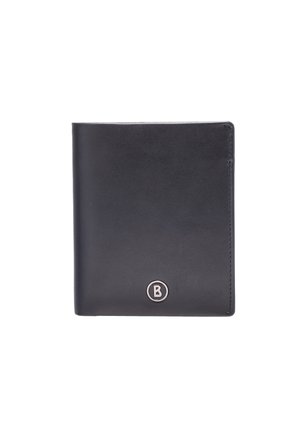 Zwarte leren bifold portemonnee met een klein rond metalen logo met de letter B in de onderste voorhoek.