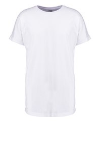 T-shirt blanc uni à manches courtes avec poignets repliés et col rond, présenté sur un fond blanc.