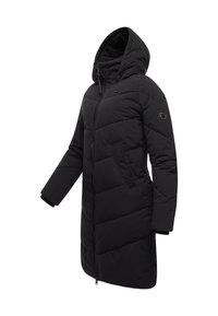 Juoda paminkštinta striukė su gobtuvu, užsegama užtrauktuku, su įstrižais siūlais ir šoninėmis kišenėmis. Lygi tekstūra, aptakios formos.