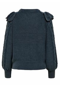 Pull en maille gris foncé avec manches torsadées et détails structurés aux épaules, poignets et bas côtelés, vu de dos.