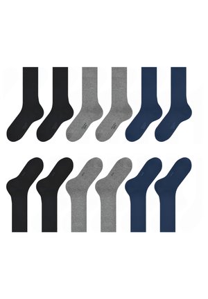 Four pairs of socks in black, gray, and navy, featuring a smooth texture and standard crew length. Each pair has soft fabric and simple design.