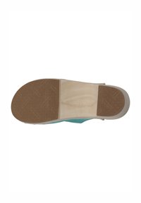 Sandal sole with a textured brown rubber surface, featuring a light blue semi-rigid upper. Design includes a smooth beige midsole.