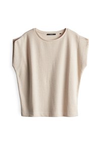 Beige ribbad kortärmad topp med rund halsringning och breda, sänkta axlar. Slät textur och ren, minimalistisk design.