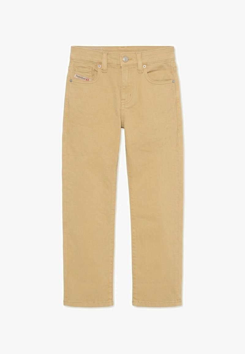Pantalon beige droit pour enfants avec poches devant et derrière, passants pour ceinture et fermeture par bouton métallique.