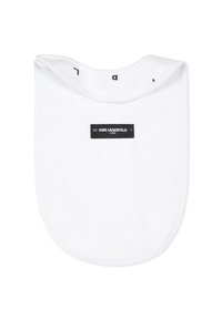 Witte katoenen slab met een ronde vorm, voorzien van een zwart etiket met witte tekst dat "KARL LAGERFELD KIDS" leest. Eenvoudig en schoon ontwerp.