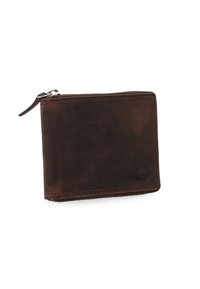 Brązowy skórzany portfel z zamkiem błyskawicznym, prostokątny kształt, widoczne przeszycia oraz wytłoczone logo na powierzchni. Gładka faktura.