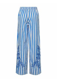Blå och vita randiga vida byxor med elastisk midja, prydda med blå blommig broderi på sidorna och en lätt, slät känsla.