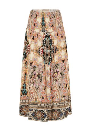 Maxi-nederdel lavet af letvægtsstof, med et farverigt paisley-mønster og blomsterdetaljer, elastisk talje og lagdelt design for bevægelse.