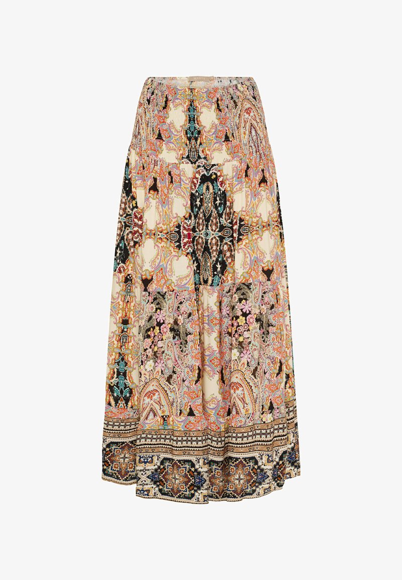Maxi-nederdel lavet af letvægtsstof, med et farverigt paisley-mønster og blomsterdetaljer, elastisk talje og lagdelt design for bevægelse.