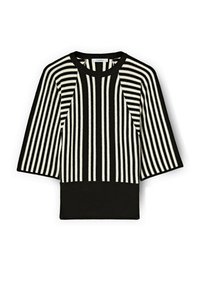 Zwart-wit gestreepte gebreide trui met korte mouwen, geribbelde afwerking en een effen zwarte zoom. Heeft een ronde halslijn.