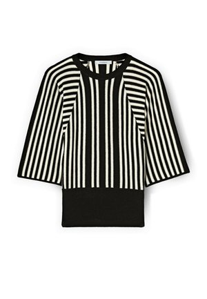 Maglione a righe bianche e nere in cotone, con maniche corte, bordi a coste e orlo nero uniforme. Presenta un collo rotondo.
