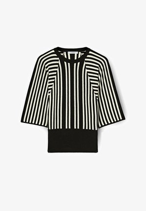 Zwart-wit gestreepte gebreide trui met korte mouwen, geribbelde afwerking en een effen zwarte zoom. Heeft een ronde halslijn.
