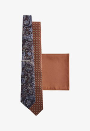Two ties, one with a blue paisley pattern and the other brown with small geometric shapes, placed next to a matching brown pocket square.