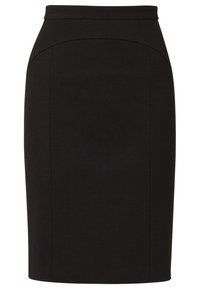 Jupe crayon noire en tissu lisse. Présente une silhouette ajustée, une taille haute et un minimum de coutures pour une apparence épurée.