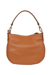 Brown leather handbag with a rounded shape, textured surface, and a short handle. Features a zip closure and golden hardware accents.