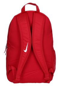 Rode Nike rugzak met gevoerde schouderbanden, textielstof, zijnetzak en een wit logo. Voorzien van een handvat bovenop.
