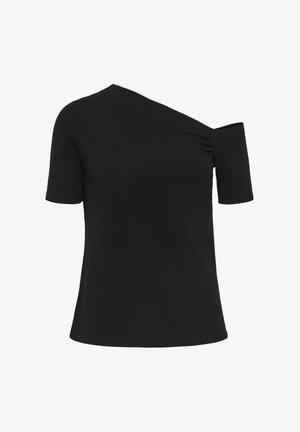 Fekete, rövid ujjú felső aszimmetrikus nyakkivágással, egyik ujja teljesen rögzített, a másik részben leválasztott.