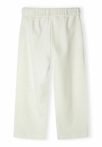 White, wide-leg pants with an elastic waistband, made of soft material, featuring a smooth texture with no visible patterns or accents.