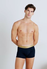Sorte bomulds boxershorts med en guld elastisk talje, der præsenterer "TOMMY HILFIGER" logoet. Pasformen er tætsiddende, og stoffet ser glat ud.