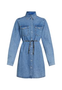 Denim srajčna obleka s kragnjo, dolgimi rokavi, dvema žepoma na prsih in vrvico v pasu. Svetlo modra barva, z gumbnim zapenjanjem spredaj.