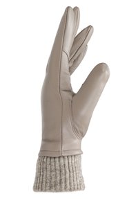 Skórzana rękawica w jasnym beżu z prążkowym wykończeniem przy mankiecie. Cechuje się trzypartowym układem palców, co zapewnia zręczność, oraz gładką teksturą.