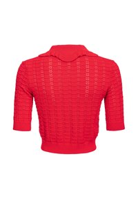 Maglione rosso lavorato a maglia con maniche corte, caratterizzato da un motivo testurizzato e un colletto ripiegato. L'orlo e le maniche a costine creano una silhouette aderente.