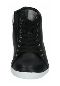 Black high-top sneaker with a smooth leather upper, lace-up front, silver zipper detail, and white rubber sole.