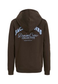 Brauner Hoodie mit einem großen blauen grafischen Text auf dem Rücken, der "JACK & JONES Denim Crew COLLECTIVE" zeigt, sowie einer Kängurutasche.