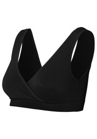 Schwarzer gerippter Bralette mit tiefem V-Ausschnitt und breiten Trägern. Weicher Stoff mit einem dehnbaren Bund für Komfort. Ohne Bügel oder Polster.
