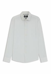 Camicia bianca a maniche lunghe con colletto classico, chiusura a bottoni e texture morbida. Presenta un leggero luccichio e una vestibilità su misura.
