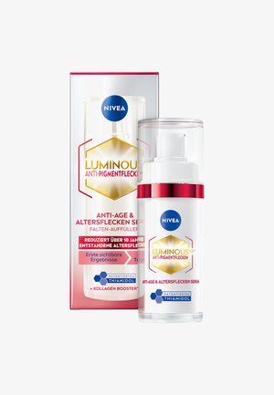 NIVEA Luminous Anti-Pigmentflecken serum in a clear pump bottle with white and red accents, enclosed in a colorful box featuring gold graphics.