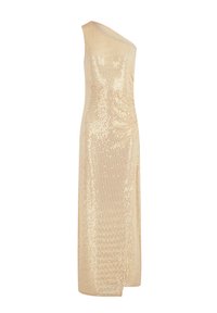 Abito da sera beige monospalla con silhouette aderente, realizzato in tessuto di paillettes, caratterizzato da dettagli arricciati e uno spacco laterale.