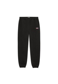 Μαύρο παντελόνι φόρμας με ελαστική μέση και ελαστικές μανσέτες στο κάτω μέρος, με ένα μικρό ορθογώνιο λογότυπο σε μωβ και λευκό.