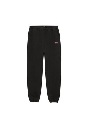 Μαύρο παντελόνι φόρμας με ελαστική μέση και ελαστικές μανσέτες στο κάτω μέρος, με ένα μικρό ορθογώνιο λογότυπο σε μωβ και λευκό.