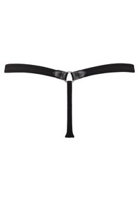 Schwarzer String mit dünnen Trägern, einem zentralen silbernen Ring und Lederakzenten, der ein minimalistisches Design betont.