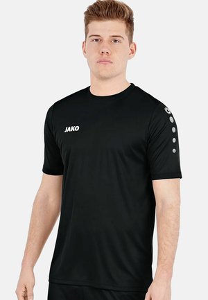 Schwarzes Sport-T-Shirt aus leichtem Material. Mit kurzen Ärmeln, Rundhalsausschnitt und reflektierenden Punkten an den Schultern. Markenlogo auf der Brust.