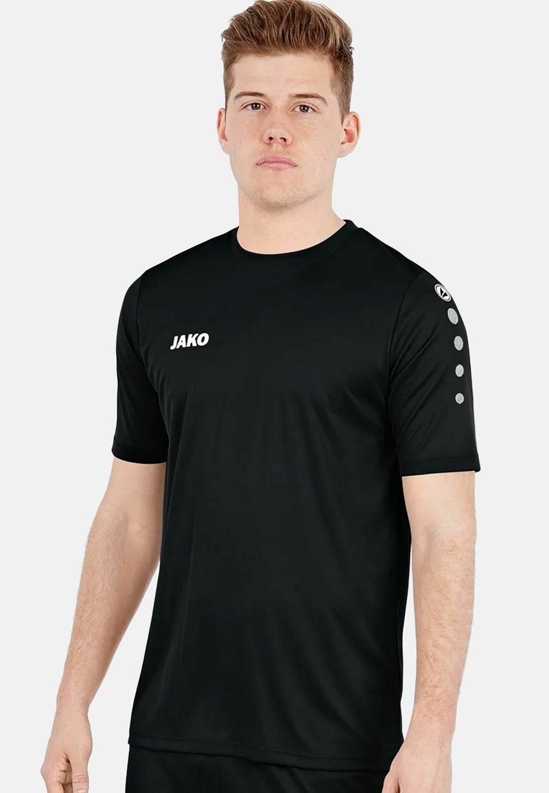 Black athletic t-shirt made from lightweight fabric. Features short sleeves, a crew neck, and reflective dots along the shoulder. Brand logo on chest.
