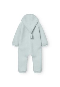 Lichtblauw fleece babyjumpsuit met capuchon met een puntige top en kwastje, lange mouwen en geribbelde enkels en polsen.