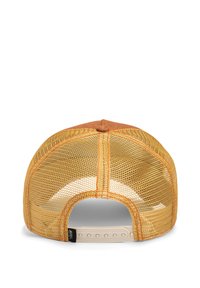 Casquette en maille à l'arrière, de couleur orange et beige, avec une fermeture à pression en plastique et un panneau avant lisse. La maille texturée offre une aération.