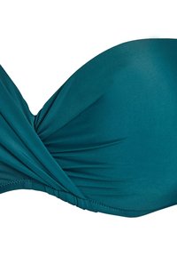 Bikinioberteil in Türkis aus glattem Stoff; verfügt über ein gedrehtes Design in der Mitte und eine geraffte Textur entlang des Bands.